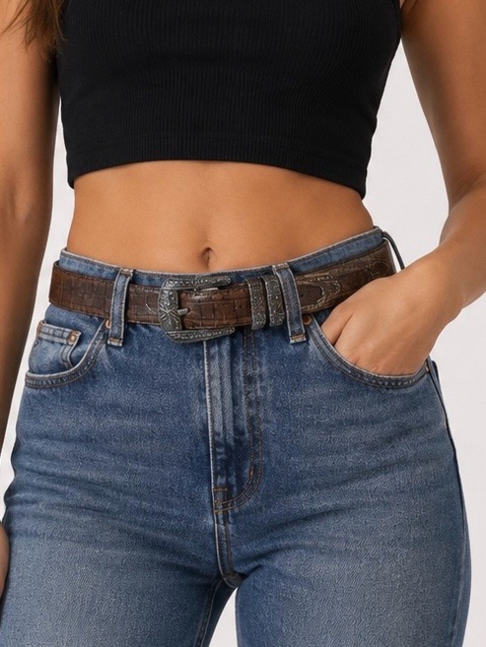 Brighton Brown Crocodile Pattern Women's Belt with Silver Buckle, Adjustable 32